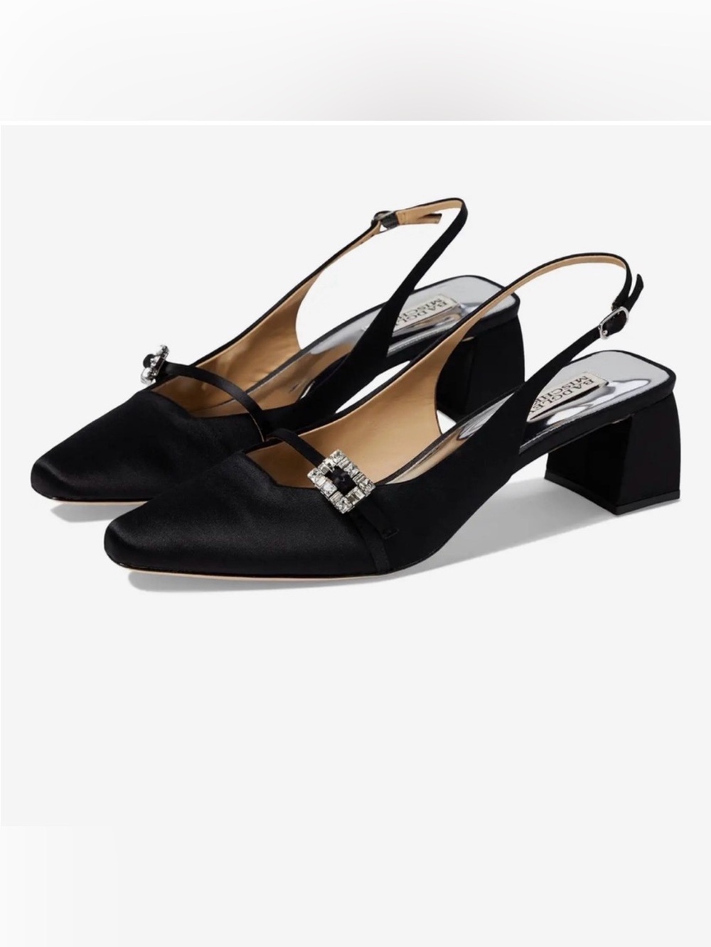 Badgley Mischka Black Slingback Block Heel Pumps with Crystal Buckle